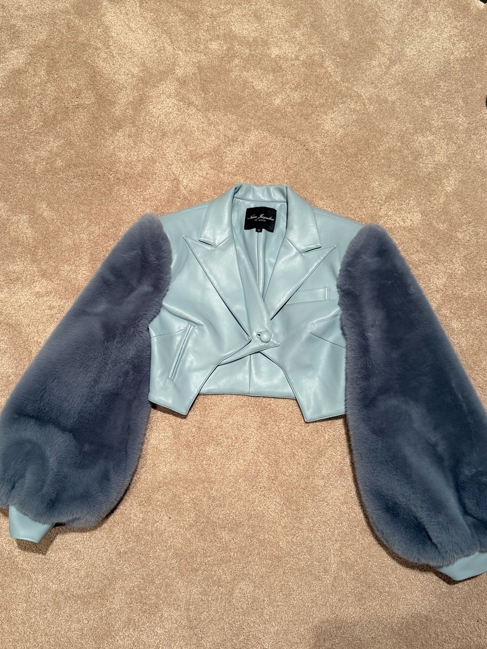 Nana Jacqueline Sky Blue Leather Jacket with Faux Fur Sleeves